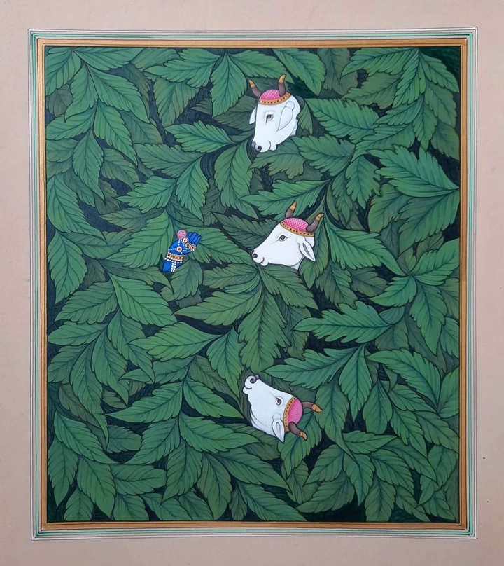 Krishna and Cows in Frolic in Pichwai Style by Mohan Prajapati Thumbnail