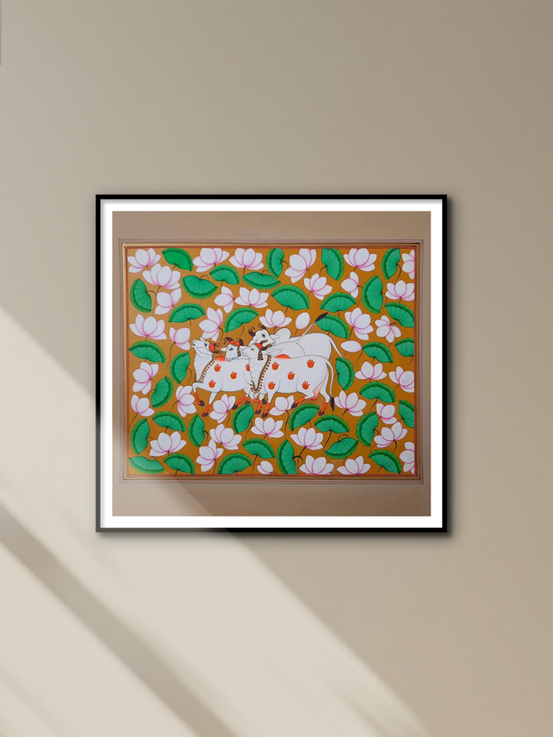 Shop Krishna's Cows and Lotuses in Miniature Painting by Mohan Prajapati
