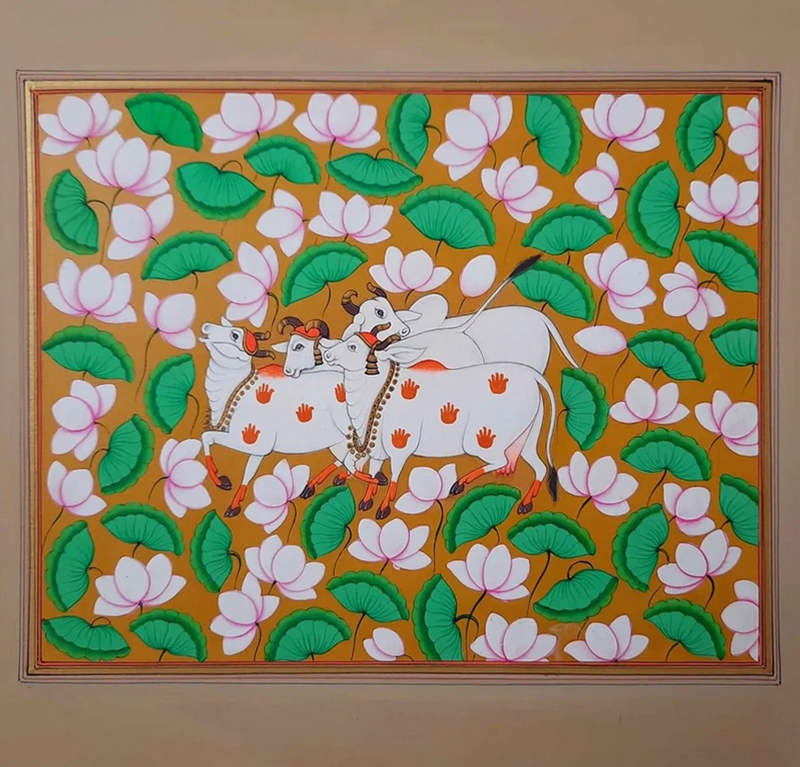 Buy Krishna's Cows and Lotuses in Miniature Painting by Mohan Prajapati