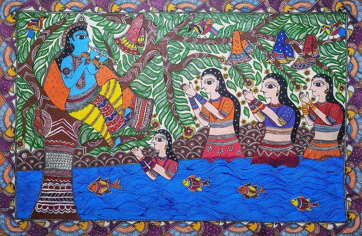 Krishna and Gopis in Madhubani by Ambika Devi Thumbnail