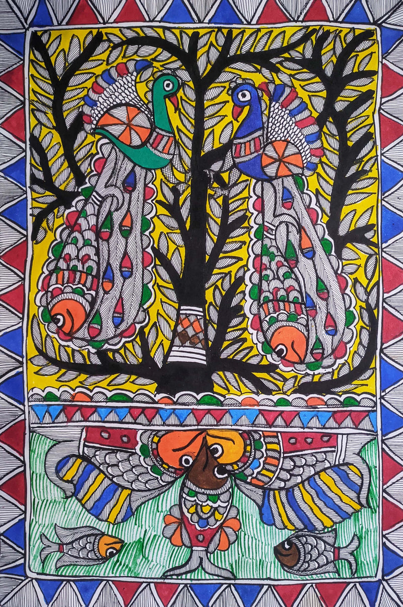 Peacocks and Fishes in Madhubani by Ambika Devi