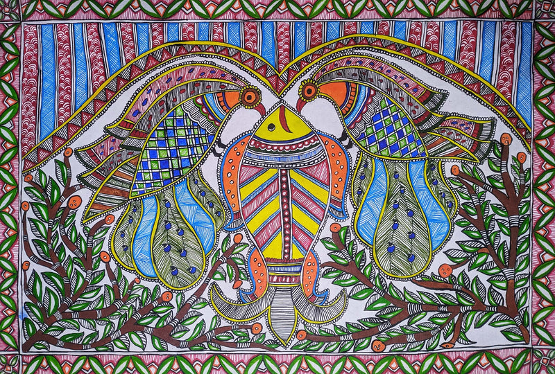 Buy Fishes and Peacocks in Madhubani by Ambika Devi