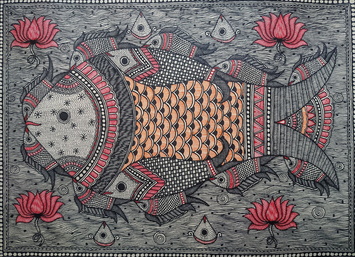 Fish Art with Lotus Blooms: Madhubani by Ambika Devi Thumbnail