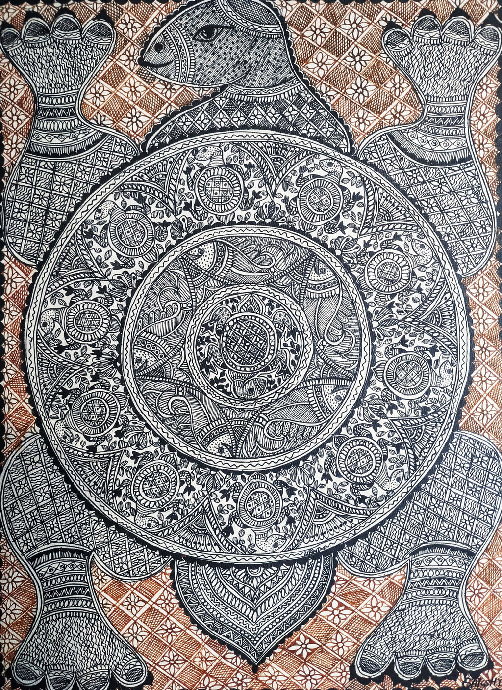 Buy Monochromatic Madhubani Turtle Art by Ambika Devi