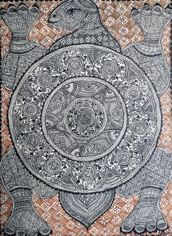 Monochromatic Madhubani Turtle Art by Ambika Devi Thumbnail
