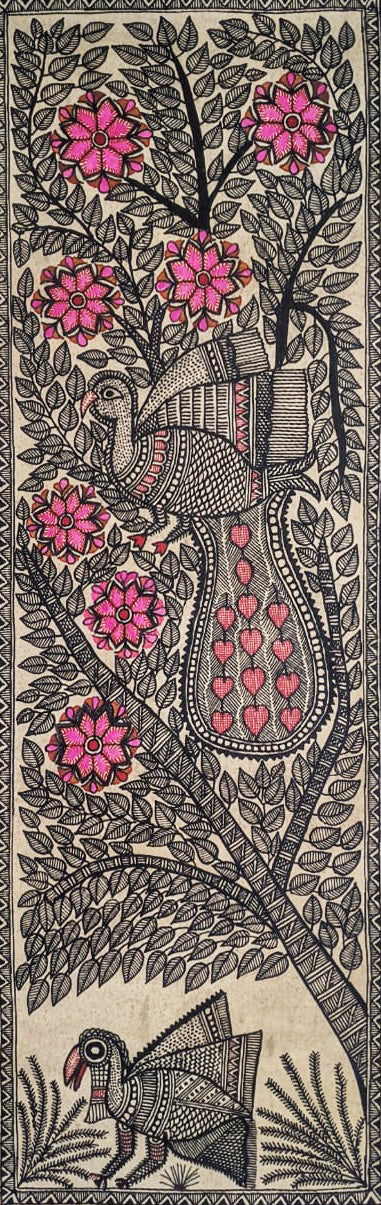Symbolism of Divine Love and Prosperity with Peacocks: Madhubani by Ambika Devi Thumbnail