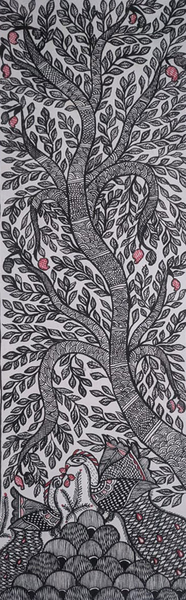 Monochromatic Tree of Life in Madhubani Art by Ambika Devi Thumbnail