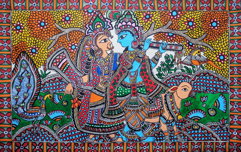 Radha Krishna in a Van: Madhubani by Ambika Devi