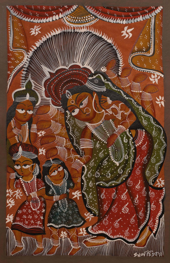 Maa Durga with Kids in Bengal Pattachitra by Swarna Chitrakar Thumbnail