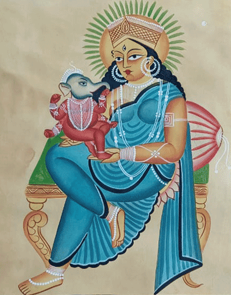 Maa Parvati and Ganapati in Kalighat by Hasir Chitrakar Thumbnail