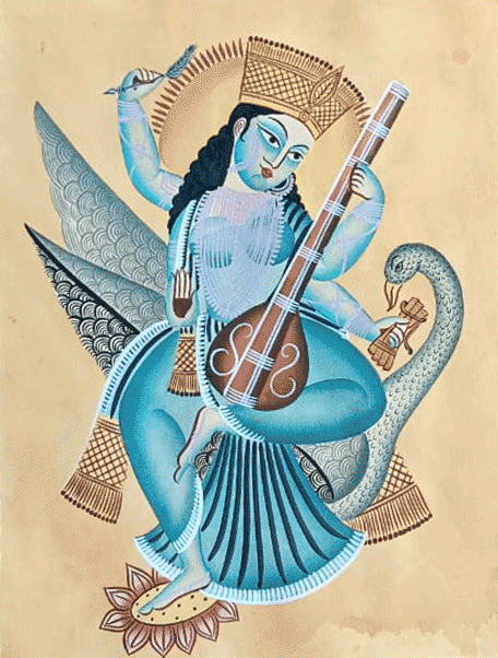 Maa Saraswati with a Swan in Kalighat by Hasir Chitrakar Thumbnail