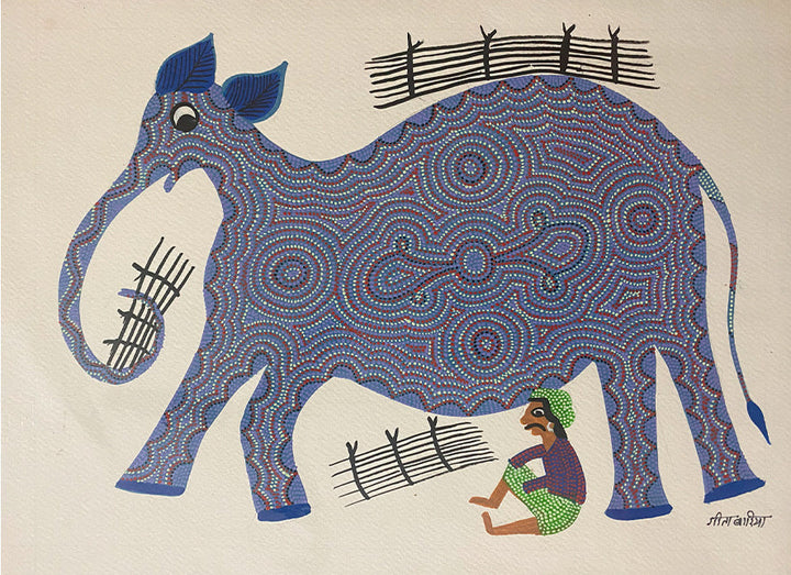 Mahout and Elephant, Bhil Art by Geeta Bariya Thumbnail