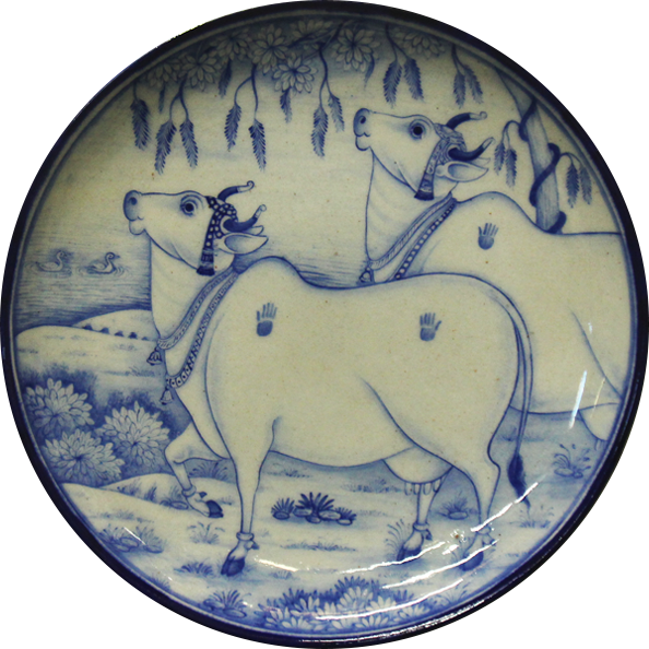 Majestic Cows in Blue Pottery Plates by Gopal Saini Thumbnail