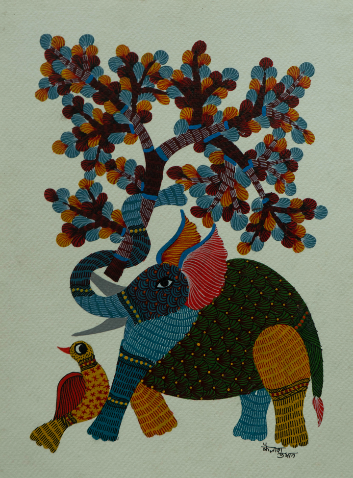Nature's Abode: Elephant and Bird in Gond by Kailash Pradhan Thumbnail