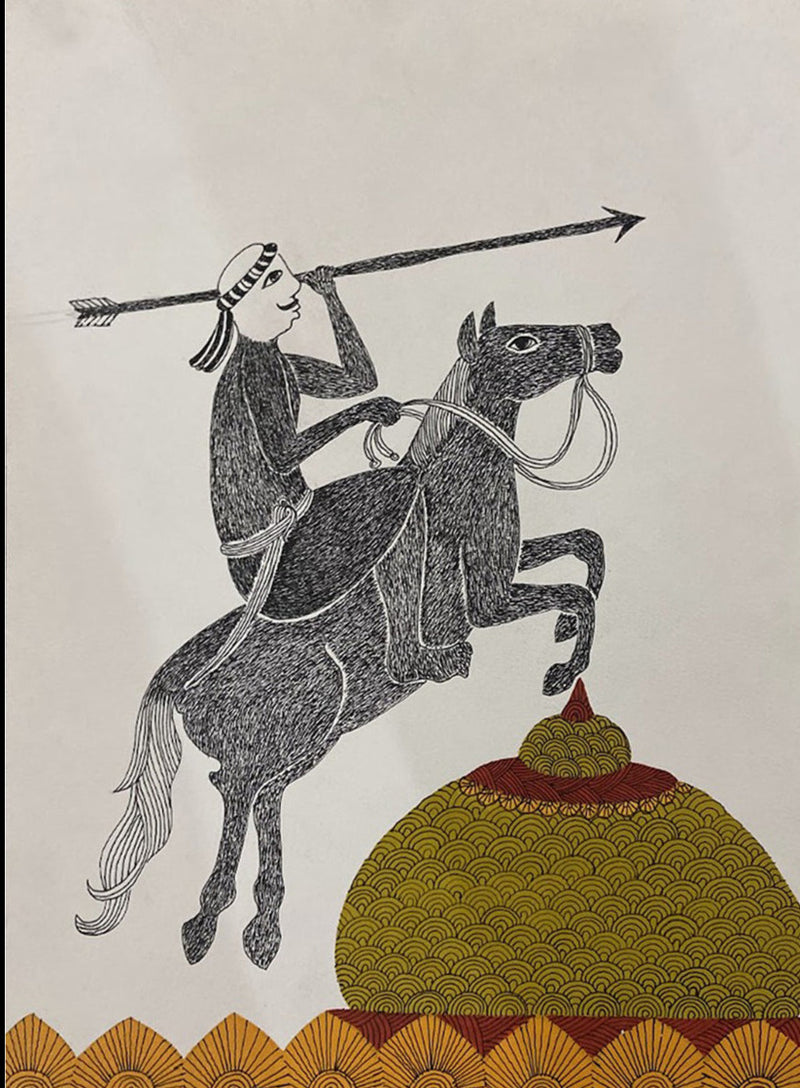 Buy Man On Horse Gond painting by Venkat Shyam