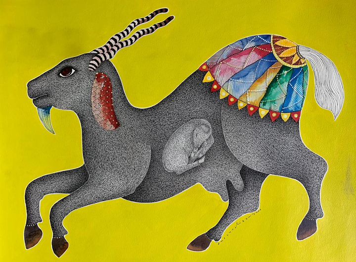 Maternal Embrace: Goat in Gond by Venkat Shyam Thumbnail