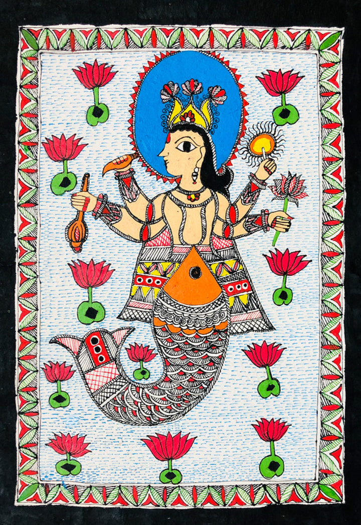 Matsya Avatar of Vishnu, Madhubani Painting by Ambika Devi Thumbnail