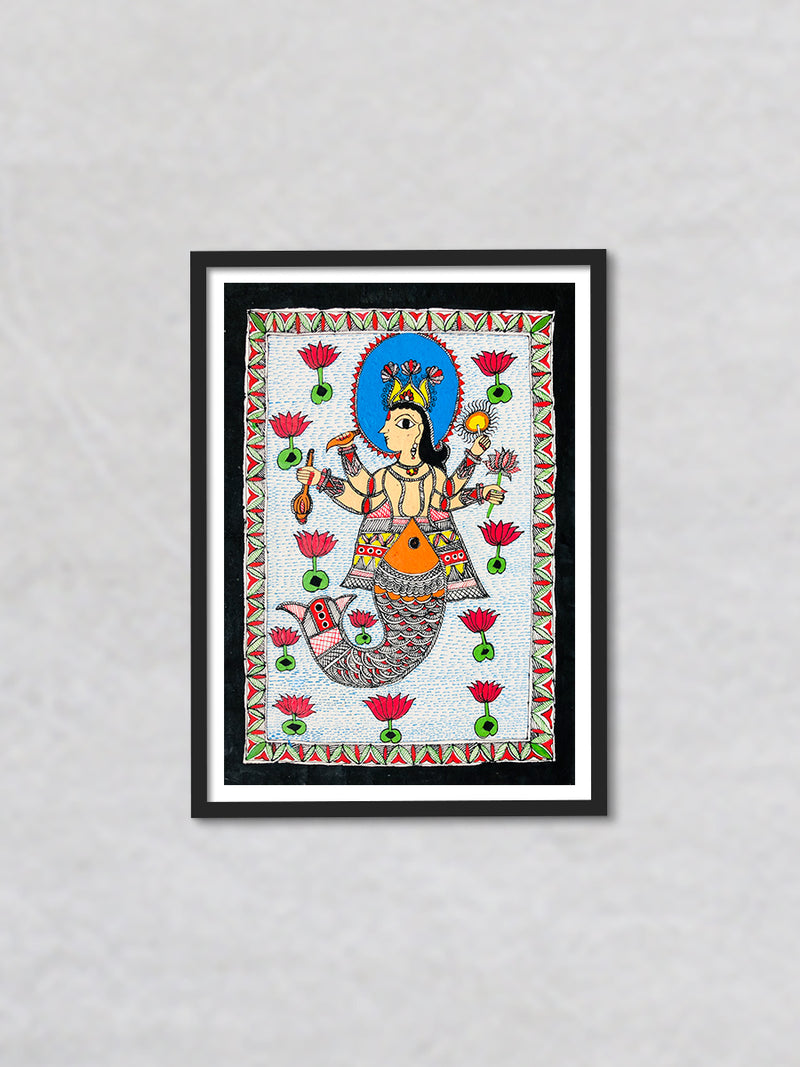 Matsya Avatar of Vishnu, Madhubani Painting by Ambika Devi