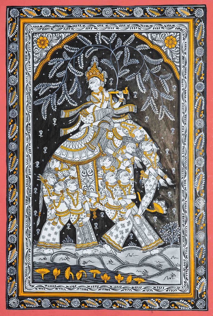 Melodic Splendour The Divine Grace of Lord Krishna - Pattachitra Painting by Apindra Swain for Home Decor Thumbnail