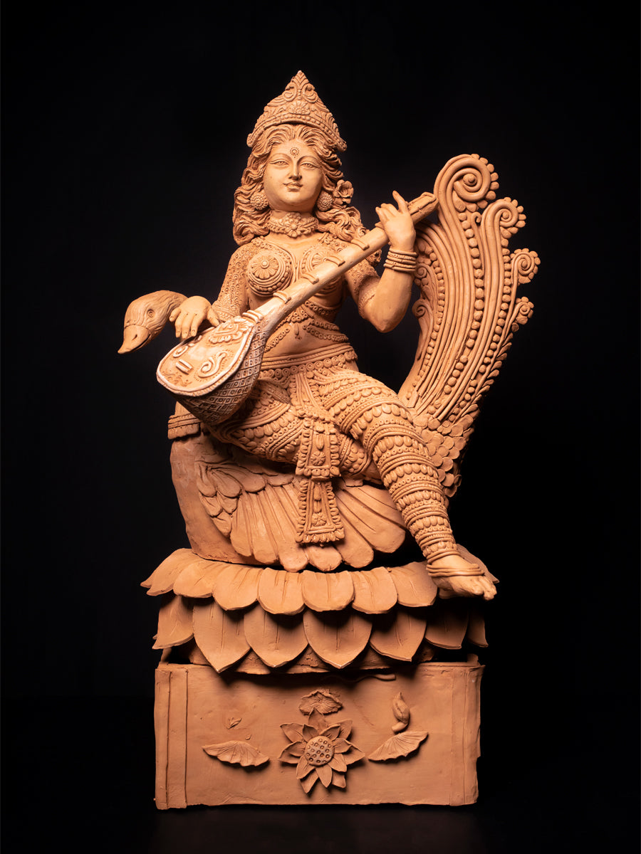 Buy Melodic Enlightenment Terracotta Saraswati Sculpture, Terracotta art by Dolon Kundu
