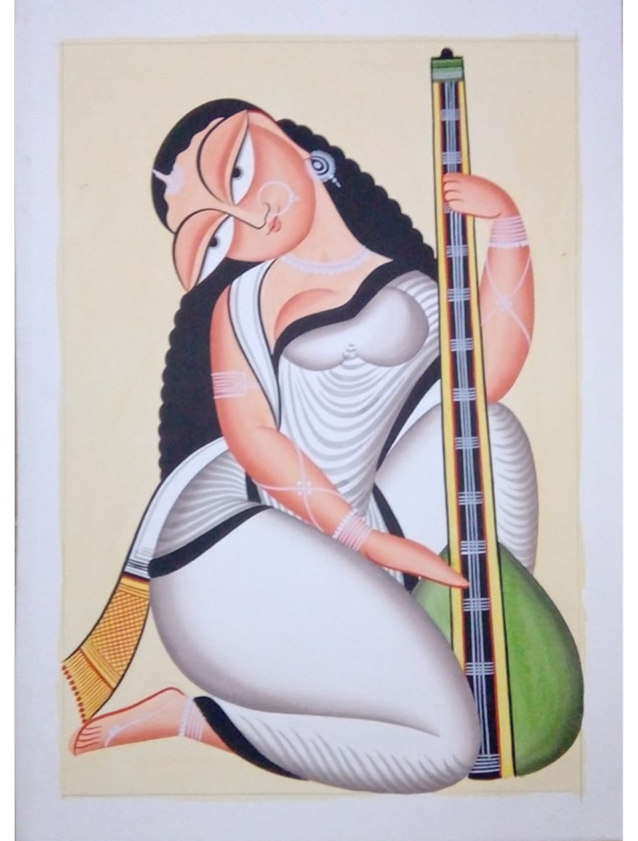 Melodies of Divine Wisdom: Goddess Saraswati Kalighat by Hasir Chitrakar Thumbnail