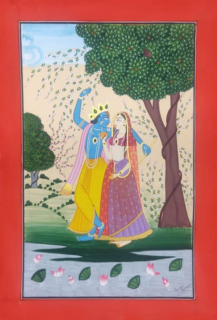 Melodies of Love: Lord Krishna's Divine Embrace Basohli Painting by Aastha Billowria  & Shivakshi Sharma Thumbnail