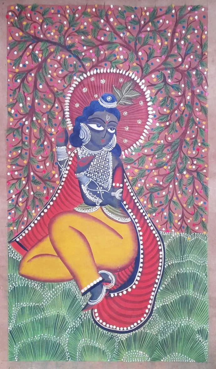 Melodies of the Wild: Krishna playing the flute in Kalighat by Uttam Chitrakar Thumbnail