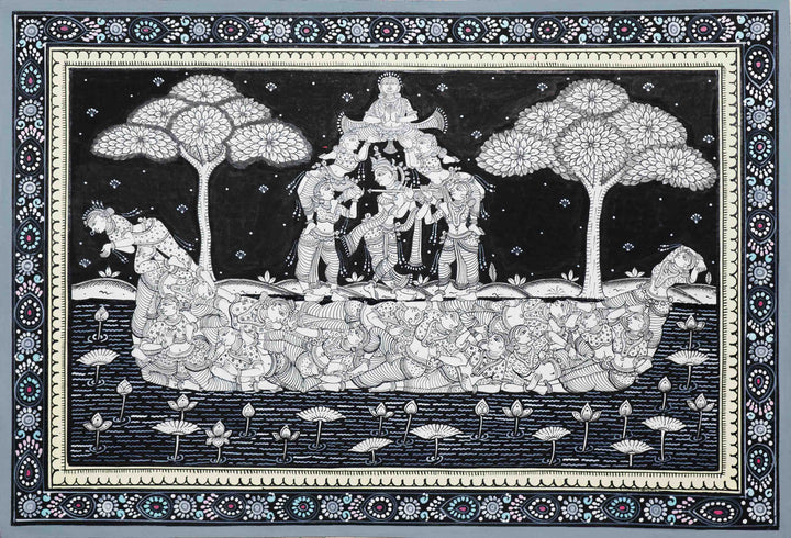 Melodious Divine Voyage Lord Krishna on Kandarpa Nauka - Pattachitra Painting by Apindra Swain for Home Decor Thumbnail
