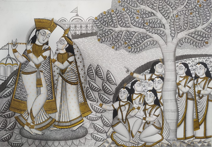 Melody of Radha and Krishna:Kalighat painting by Hasir Chitrakar Thumbnail