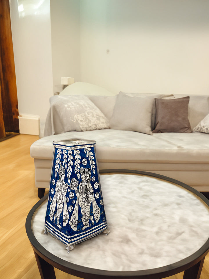 Mesmerizing Bliss: Blue Radha Krishna Tholu Bommalata Tabletop Lamp by Kanday Anjanappa Thumbnail