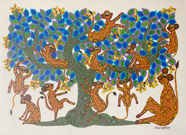 Monkeys on Tree, Bhil Art by Geeta Bariya Thumbnail
