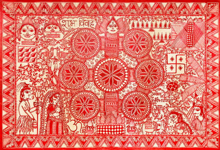 Monochromatic Kohbar, Madhubani art by Ambika devi Thumbnail