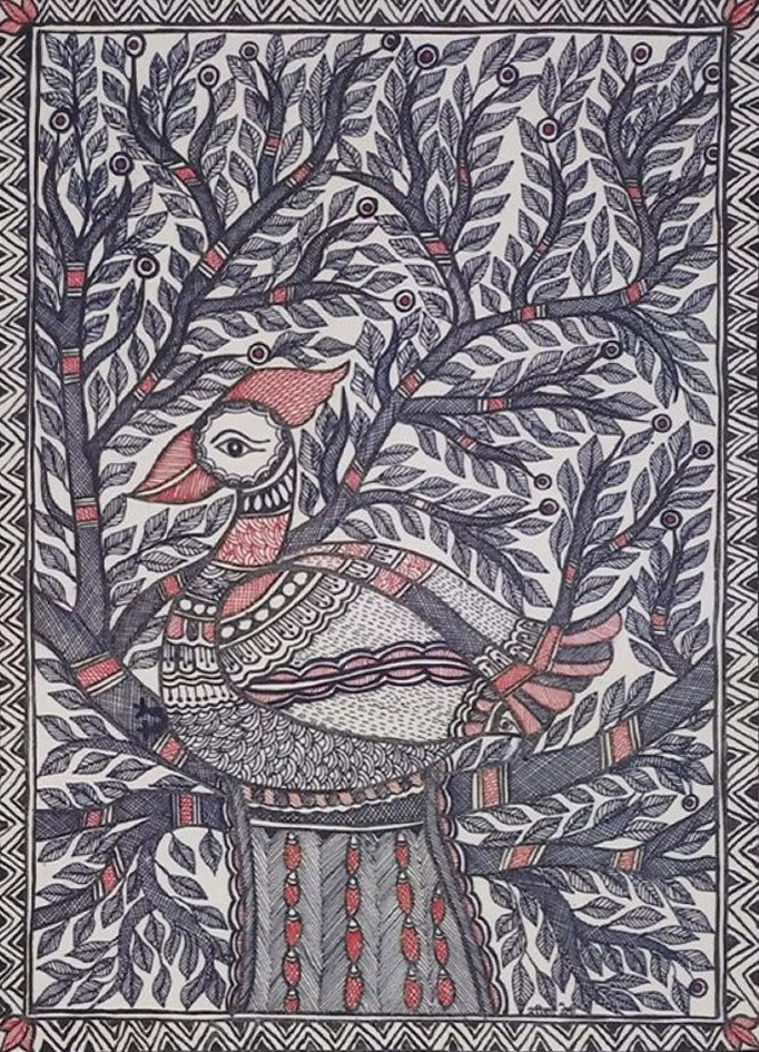 Ink and Intricacy - Monochromatic Symphony of Peacock Madhubani Art by Ambika Devi Thumbnail