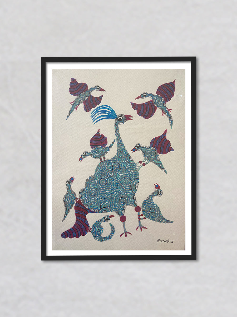 Mother Bird with Babies, Bhil Art by Geeta Bariya