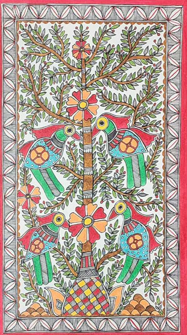 Motherhood - Arboreal Tapestry, Madhubani Painting by Priti Karn Thumbnail