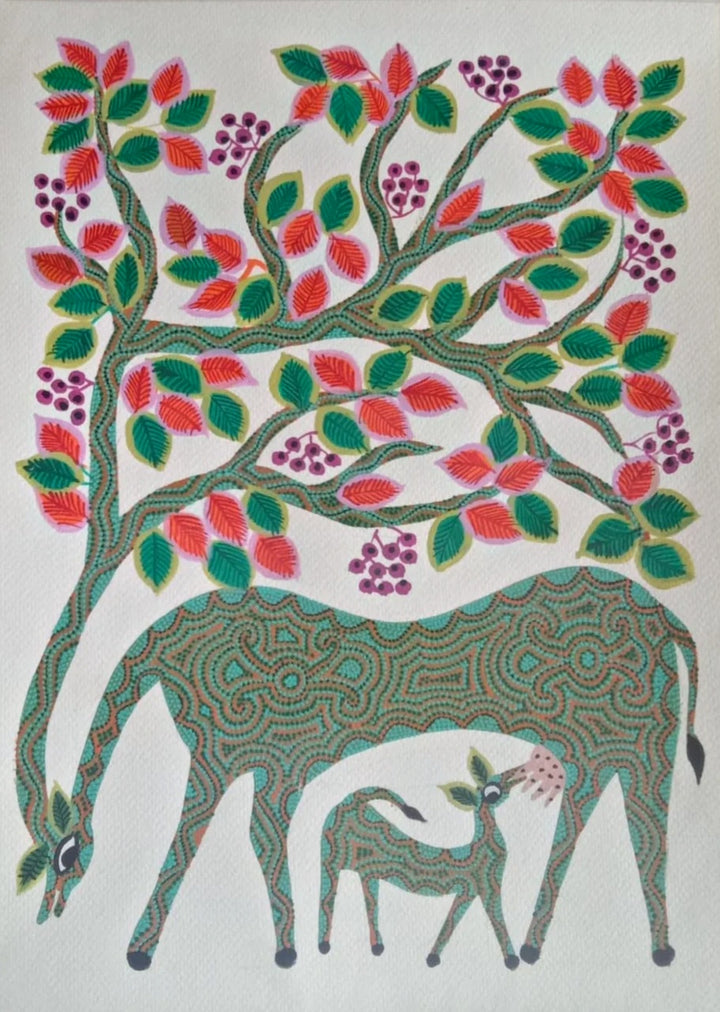 Mother's Care: Deer and Her Baby in Bhil Painting by Geeta Bariya Thumbnail