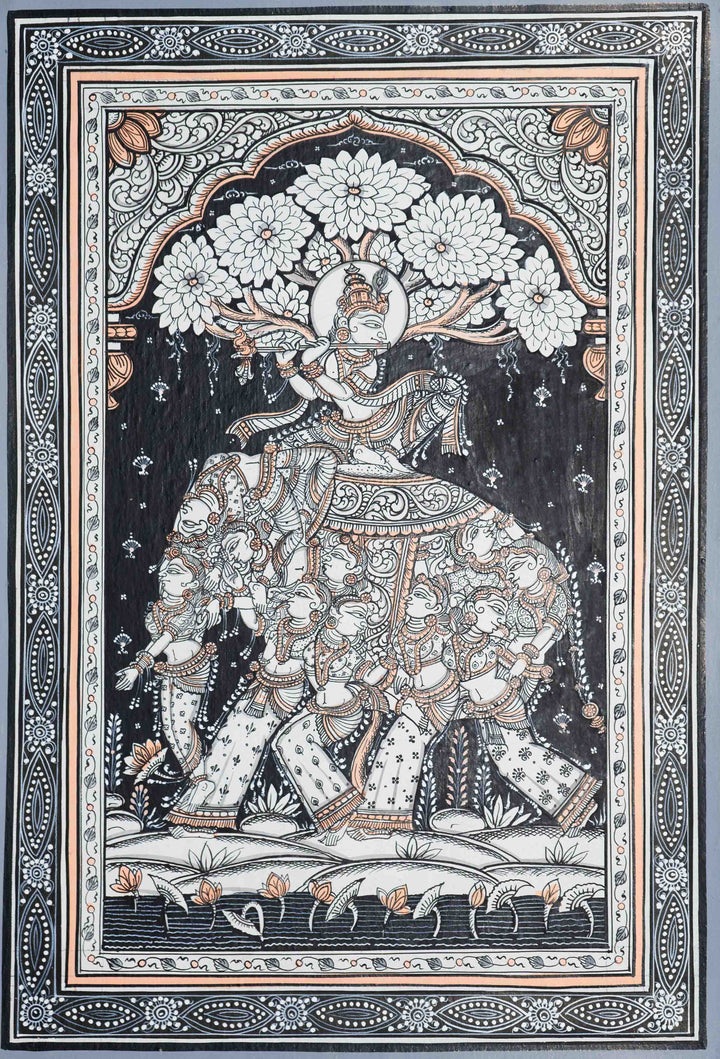 Music of Love The Splendor of Lord Krishna on Kandarpa Hasti - Pattachitra Painting by Apindra Swain for Home Decor Thumbnail