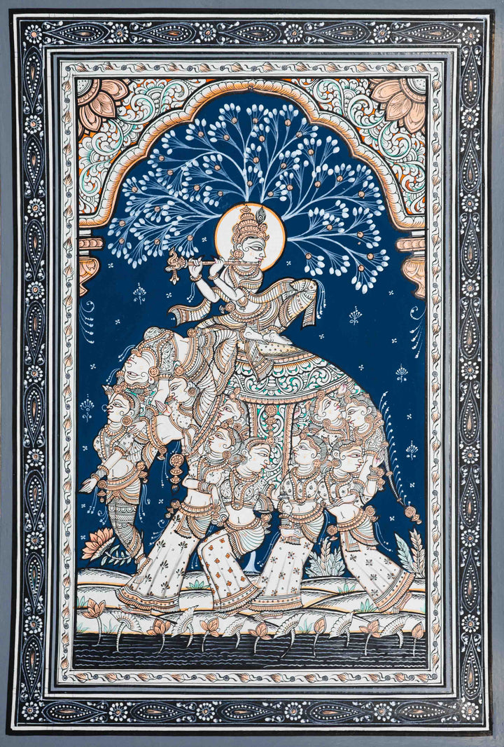 Musical Serenade The Stunning Lord Krishna on Kandarpa Hasti - Pattachitra Painting by Apindra Swain for Home Decor Thumbnail