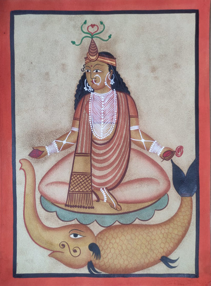 Mystical Grace: Flowing Majesty Goddess Ganga, Kalighat style by Hasir Chitrakar Thumbnail