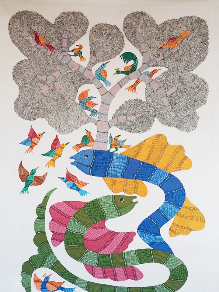 Nature's Interconnectedness: Tree, Birds and Snakes in gond by Kailash Pradhan Thumbnail