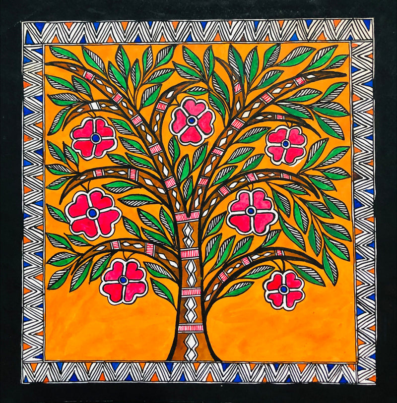 Buy Nature's Tapestry A Pink- Flowered Madhubani Tree, Madhubani Painting by Ambika Devi