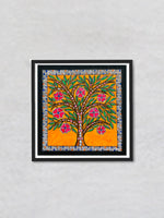Nature's Tapestry A Pink- Flowered Madhubani Tree, Madhubani Painting by Ambika Devi