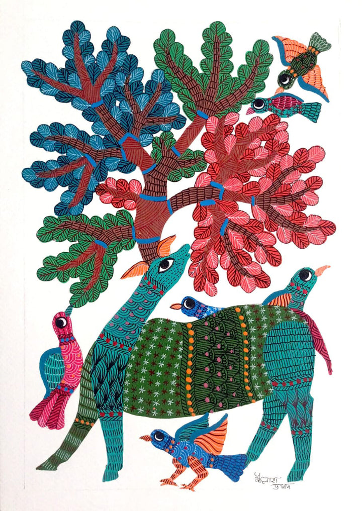 Deer, Birds and A Tree: Nature's Companions in Gond by Kailash Pradhan Thumbnail