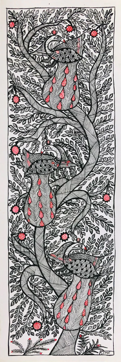 Nature's Bounty: A Madhubani Tapestry of Palm Trees Madhubani Painting by Ambika Devi Thumbnail