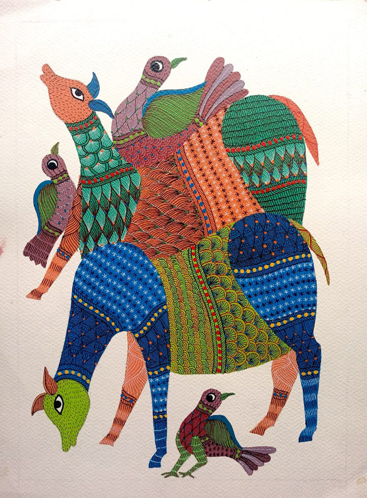 Nature's Pride: Deer with Birds in Gond by Kailash Pradhan Thumbnail
