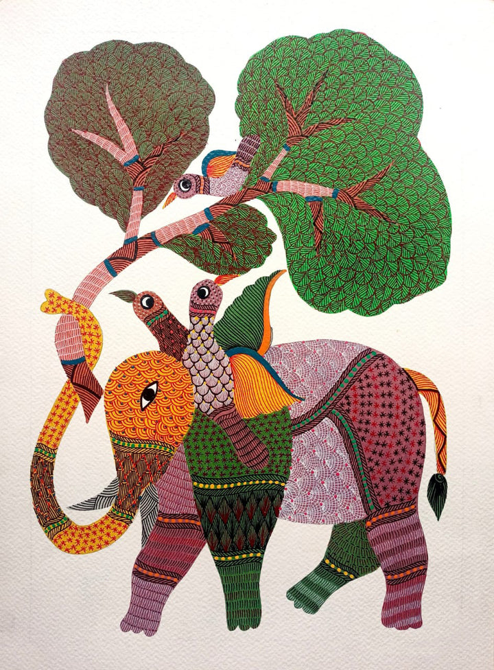 Nature's Tapestry: Elephant and Birds in Gond by Kailash Pradhan Thumbnail