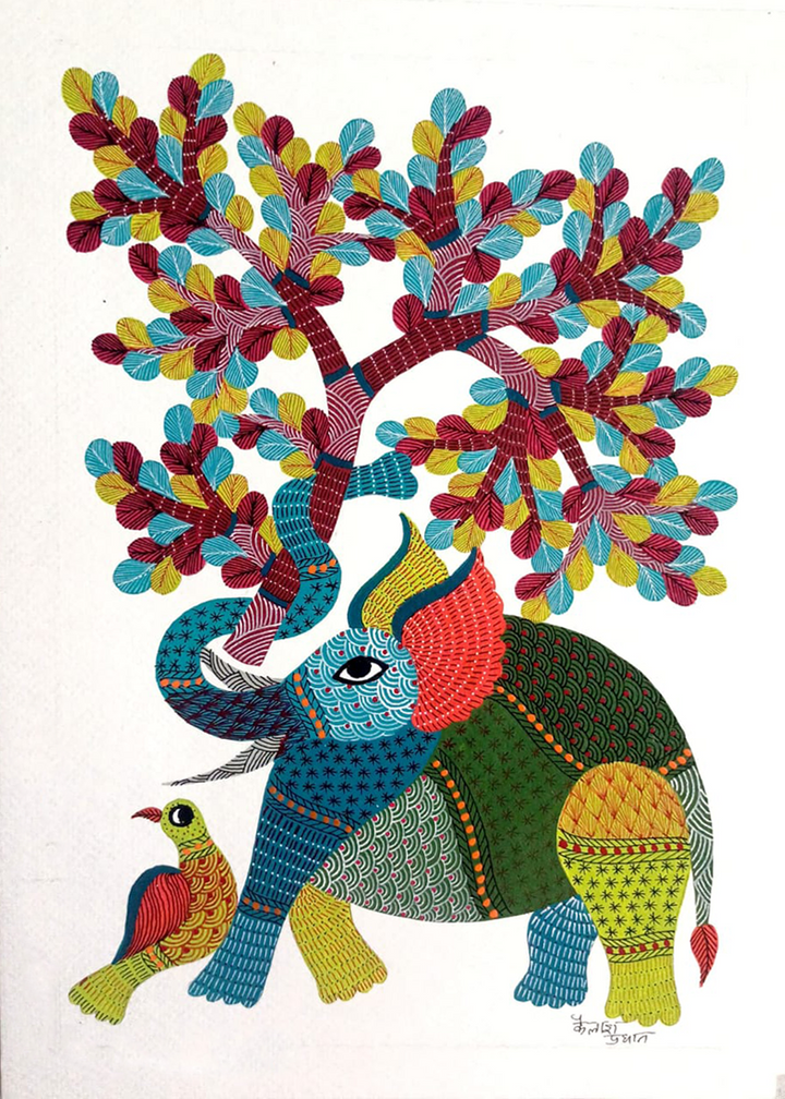 Nature's Tapestry: Elephant and Bird in Gond Art by Kailash Pradhan Thumbnail