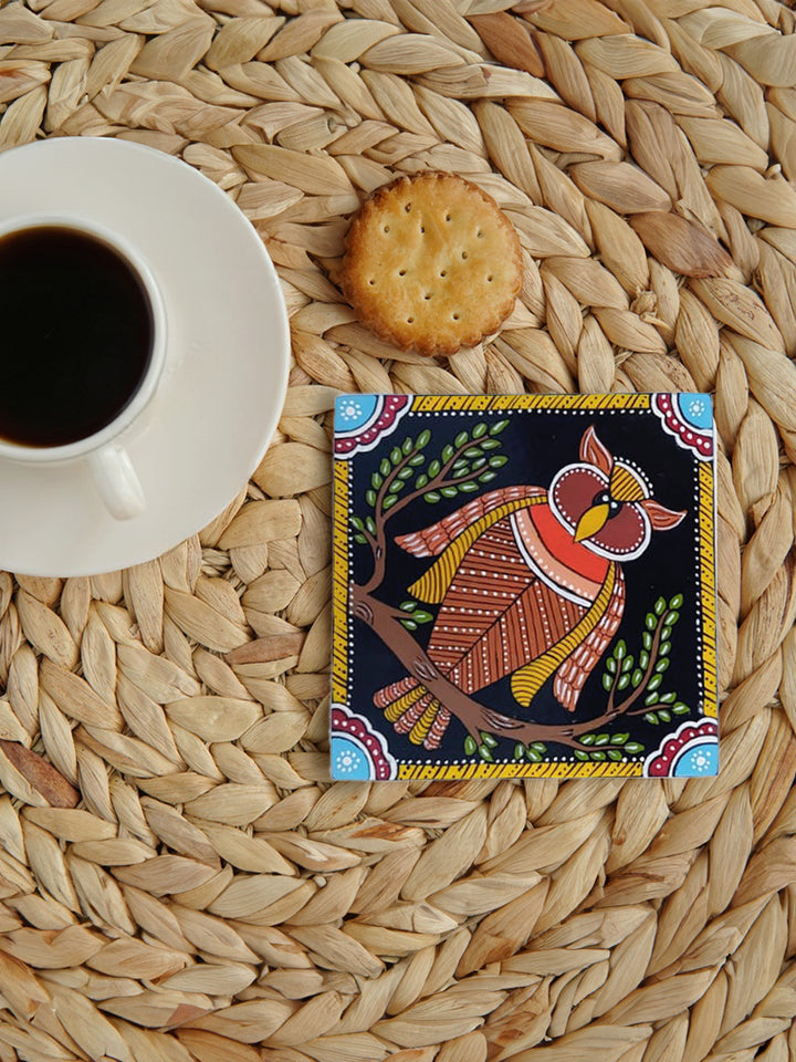 Nighttime keeper: Imagery of an Owl in Tikuli coaster art by Ashok Kumar Thumbnail