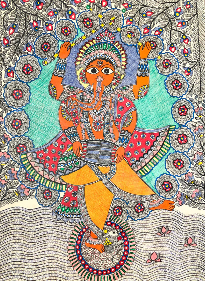 Nritya Ganesha (Dancing Ganesha), Madhubani by Ambika devi Thumbnail