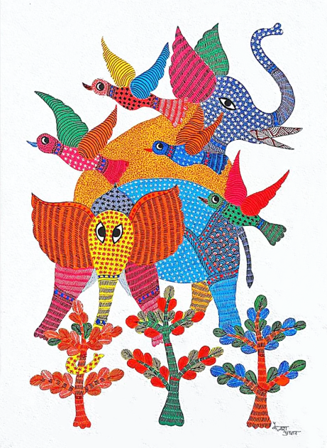 Nurturing Harmony: Elephants, Birds and Plants in Gond by Kailash Pradhan Thumbnail